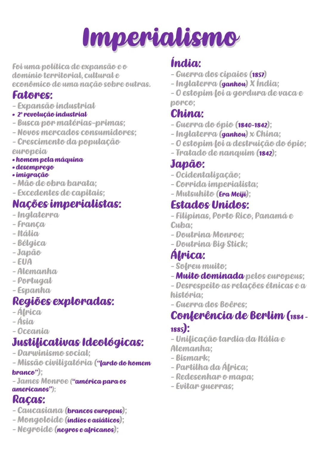 # Imperialismo
Foi uma política de expansão e o
domínio territorial, cultural e
econômico de uma nação sobre outras.
Fatores:
- Expansão