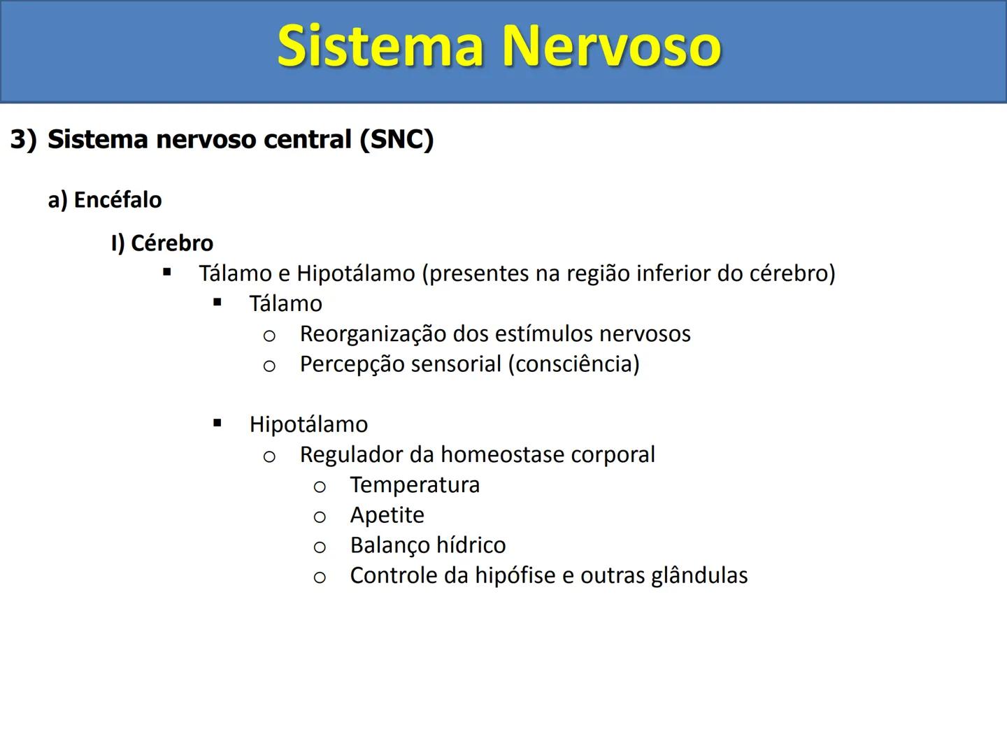 # Sistema Nervoso # Sistema Nervoso
1) Introdução
O sistema nervoso é responsável pelo ajustamento do organismo ao ambiente. Sua
função é