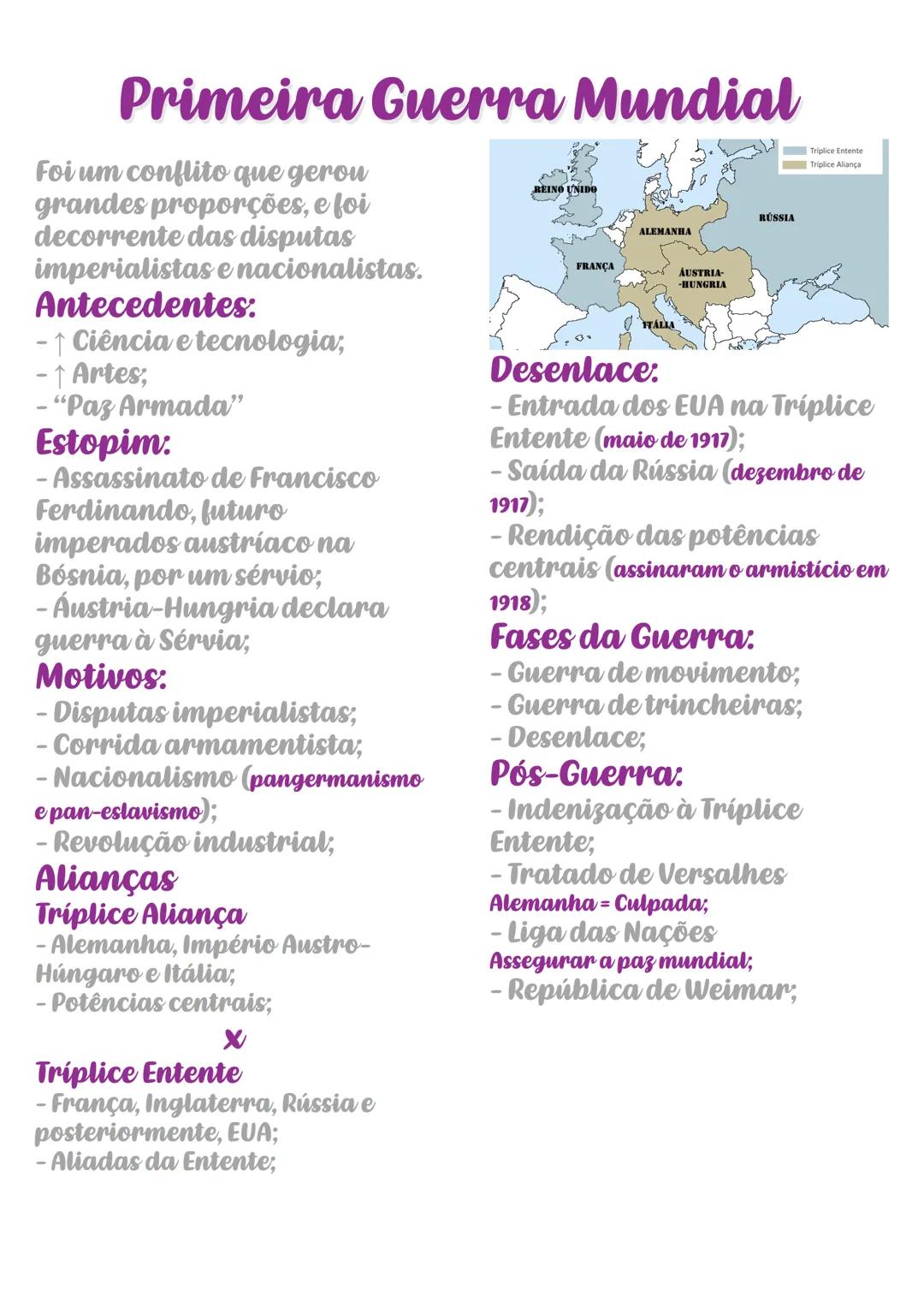 # Primeira Guerra Mundial
Foi um conflito que gerou
grandes proporções, e foi
decorrente das disputas
imperialistas e nacionalistas.
Antece