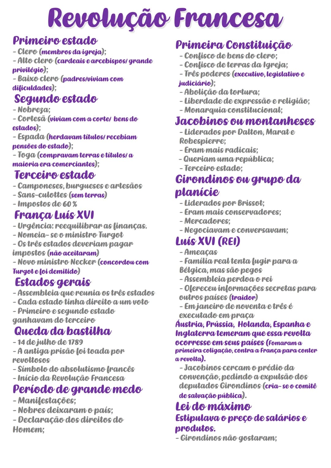 # Revolução Francesa
Primeiro estado
- Clero (membros da igreja);
- Alto clero (cardeais e arcebispos/grande
privilégio);
- Baixo clero (p