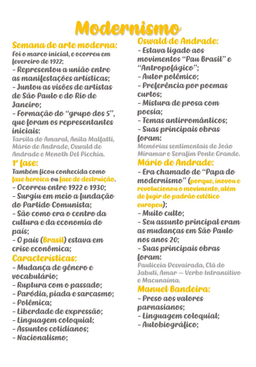 # Modernismo
Semana de arte moderna.
Foi o marco inicial, e ocorreu em
fevereiro de 1922;
- Representou a união entre
as manifestações ar