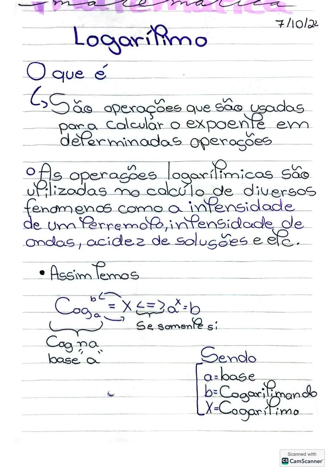 # Logarilimo
O que é
- São operações que são usadas
para calcular o expoente em
determinadas operações
- As operações logarítimicas são
u