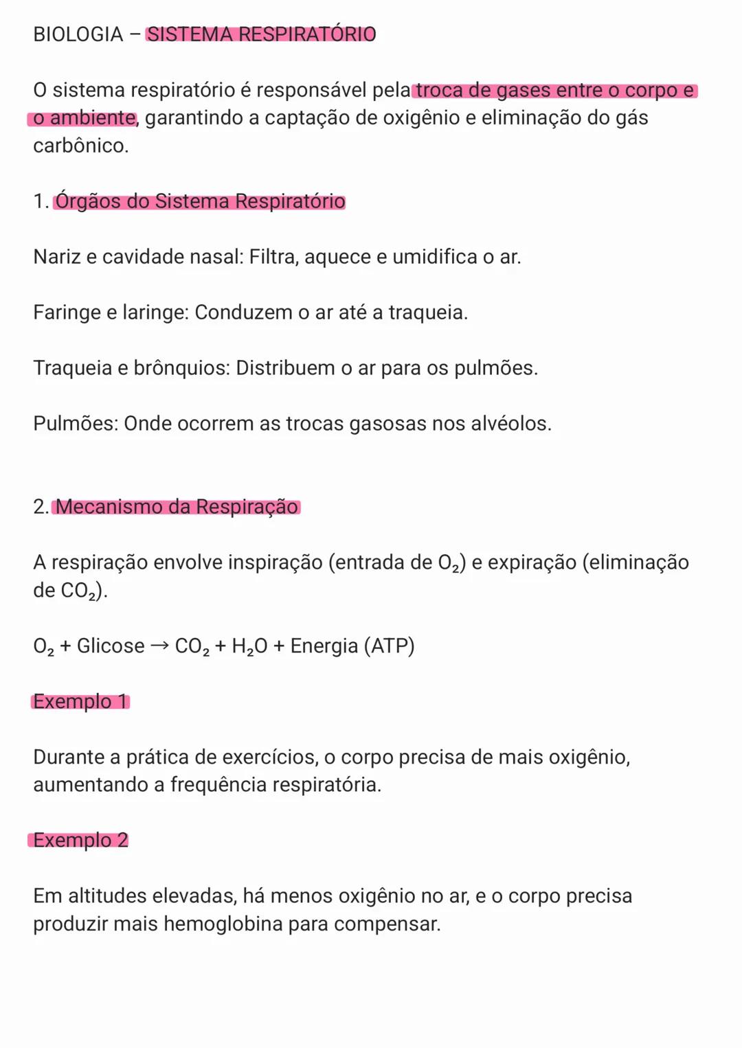 BIOLOGIA - SISTEMA RESPIRATÓRIO
O sistema respiratório é responsável pela troca de gases entre o corpo e
o ambiente, garantindo a captação