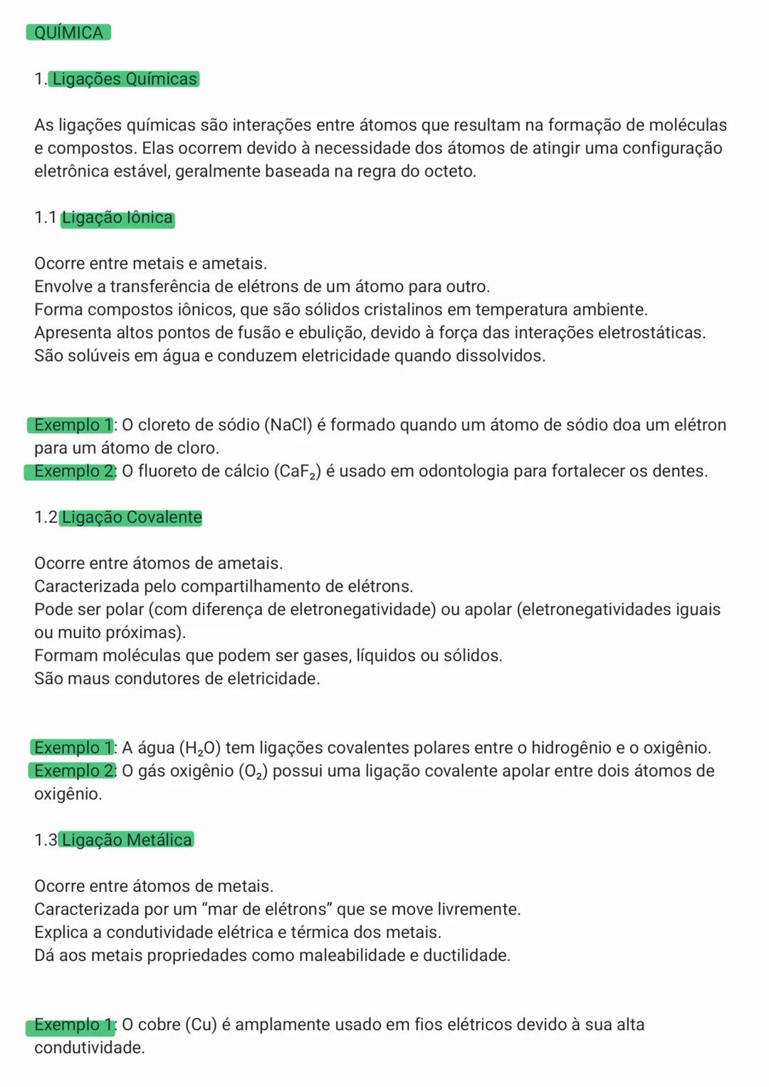 # QUÍMICA
1. Ligações Químicas
As ligações químicas são interações entre átomos que resultam na formação de moléculas
e compostos. Elas oc