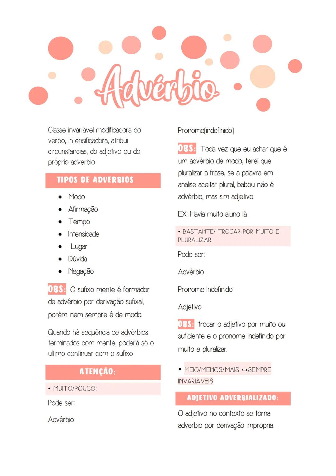 # Adverbio
Classe invariável modificadora do
verbo, intensificadora, atribui
circunstancias, do adjetivo ou do
próprio adverbio
## TIPOS D