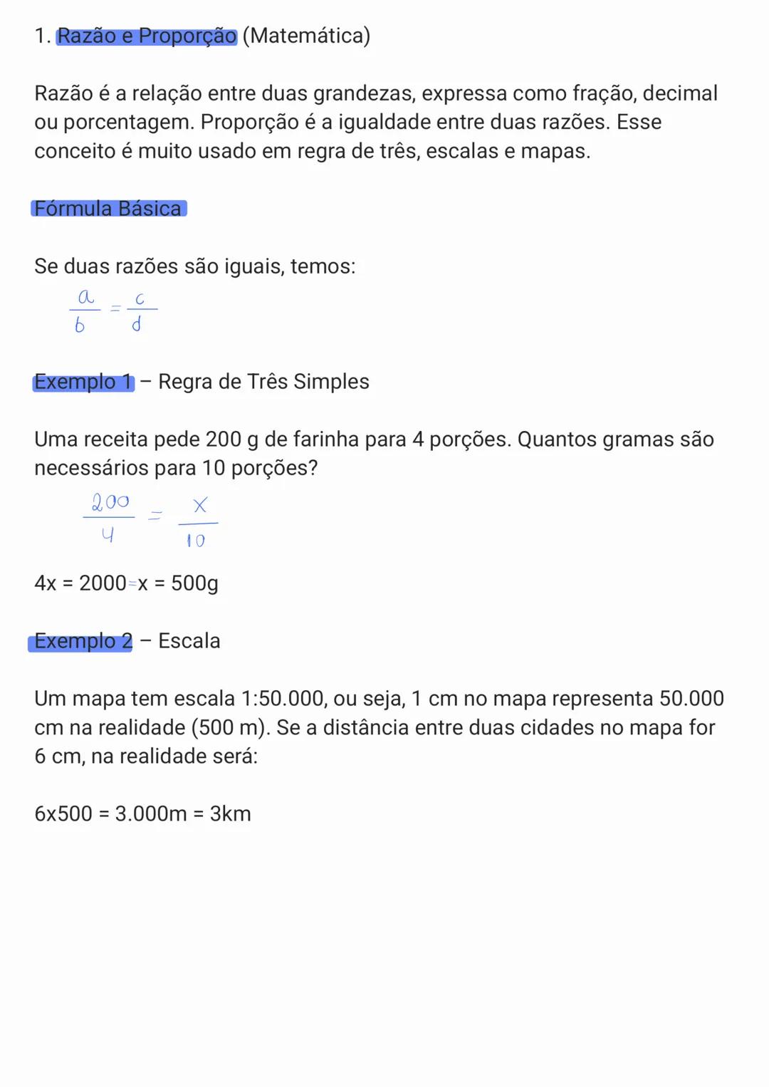 # 1. Razão e Proporção (Matemática)
Razão é a relação entre duas grandezas, expressa como fração, decimal
ou porcentagem. Proporção é a igua