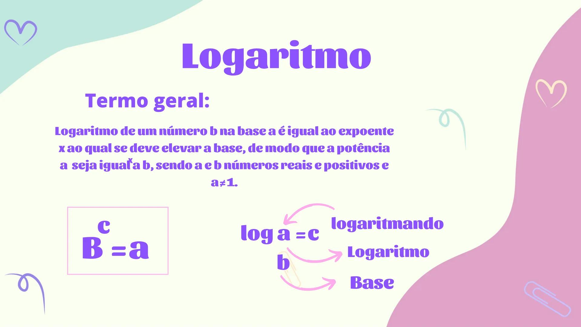 Logaritmo
✓ ON
MC MRM- M+
%
7
9 8
X
+/
4
5
6
C
1
2
3
+
AC 0 # Logaritmo
Termo geral:
Logaritmo de um número b na base a é igual ao expoent
