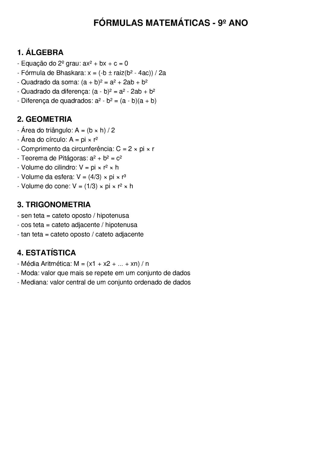 Fórmulas matemáticas 9° ano