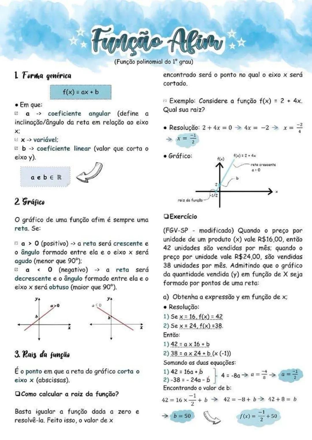 # Função Afim
(Função polinomial do 1º grau)
1 Forma genérica
• Em que:
$f(x) = ax + b$
a -> coeficiente angular (define a
inclinação/ângul
