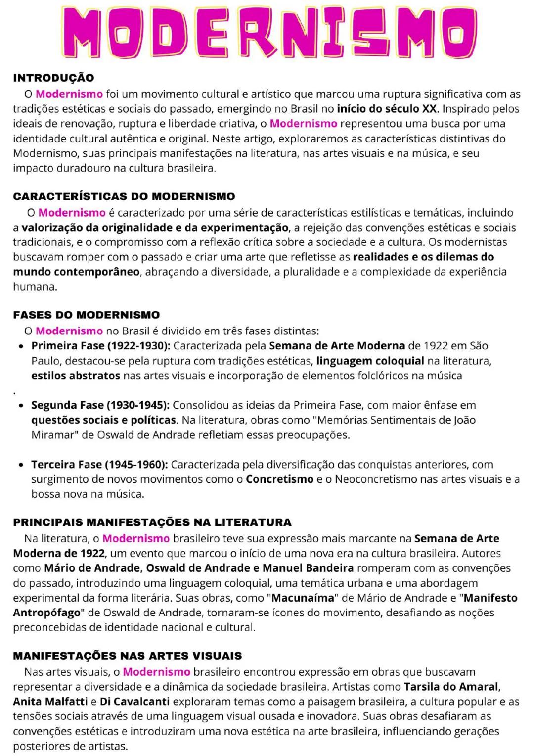 # MODERNISMO
## INTRODUÇÃO
O Modernismo foi um movimento cultural e artístico que marcou uma ruptura significativa com as
tradições estéti