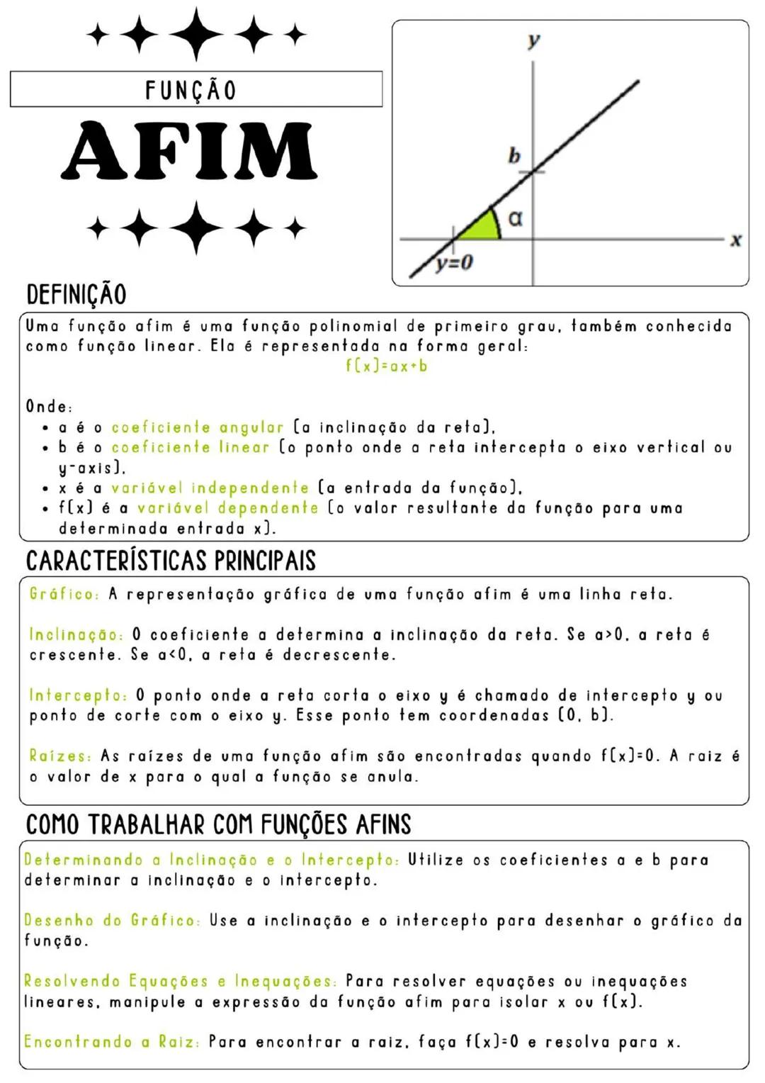 --- OCR Start ---
y
FUNÇÃO
AFIM
b
α
X
DEFINIÇÃO
y=0
Uma função afim é uma função polinomial de primeiro grau, também conhecida
como função l