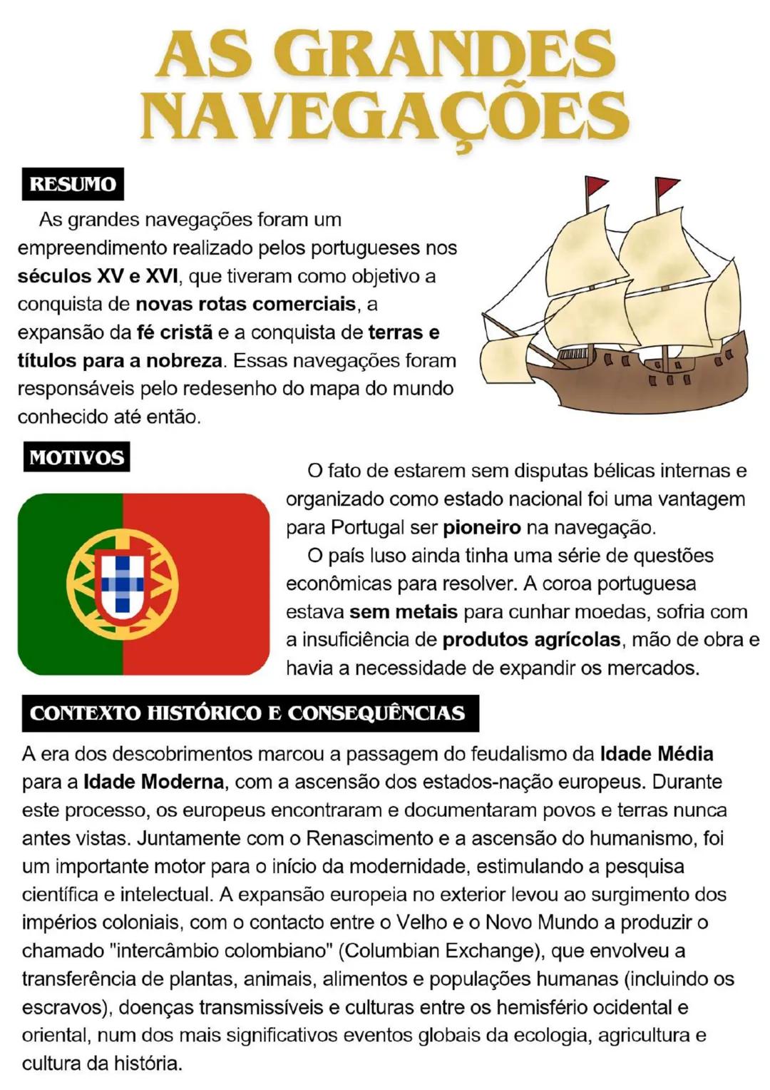 # AS GRANDES
NAVEGAÇÕES
RESUMO
As grandes navegações foram um
empreendimento realizado pelos portugueses nos
séculos XV e XVI, que tiveram