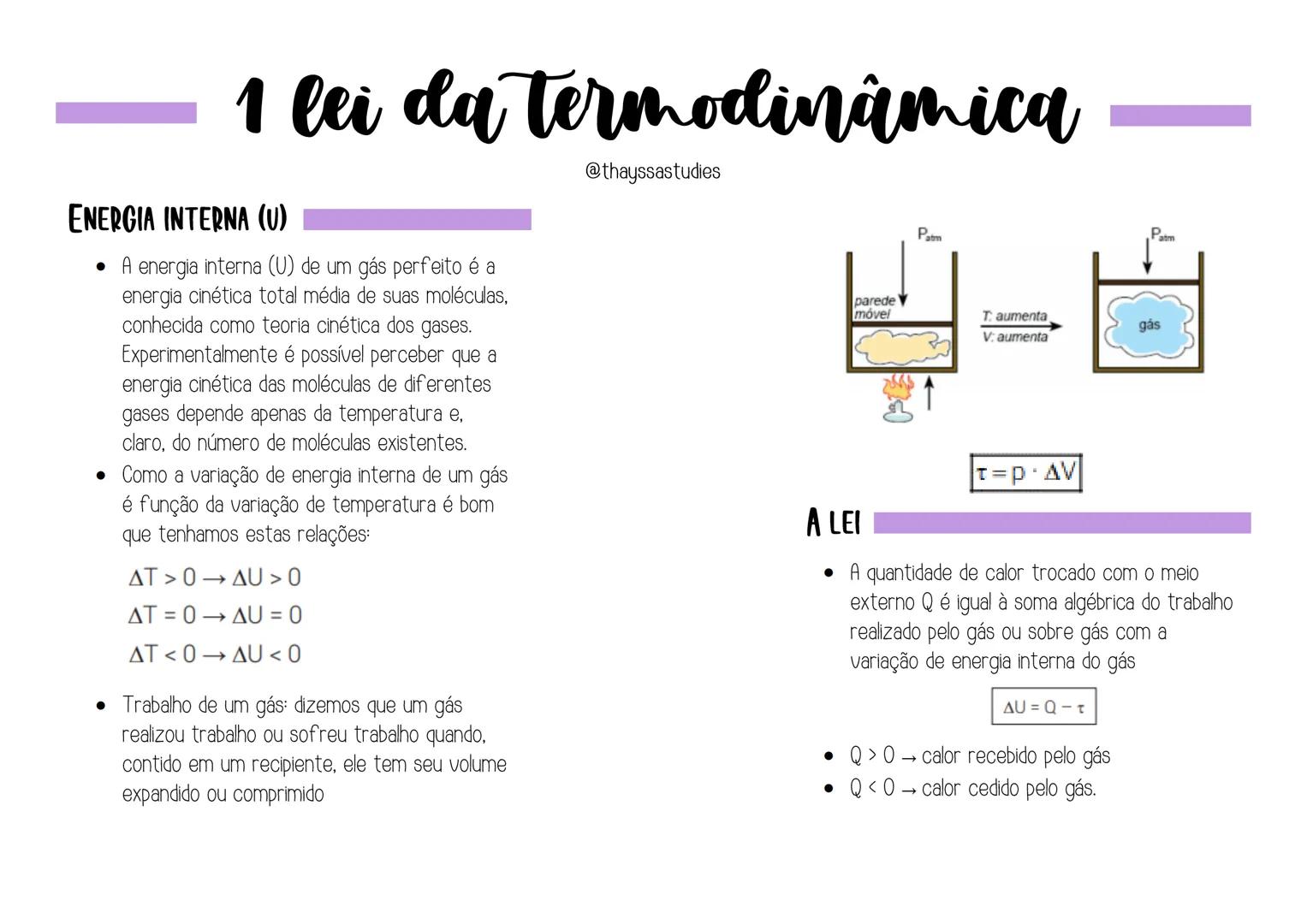 # 1 lei da termodinâmica
ENERGIA INTERNA (U)
• A energia interna (U) de um gás perfeito é a
energia cinética total média de suas moléculas