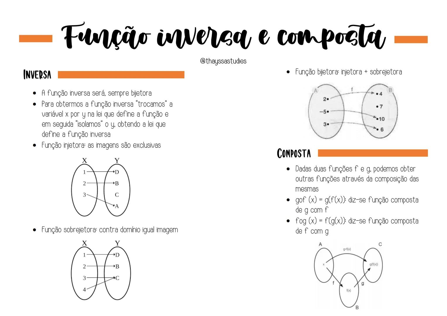 # Função inversa e composta
@thayssastudies
• Função bijetora: injetora + sobrejetora
INVERSA
• A função inversa será, sempre bijetora
•