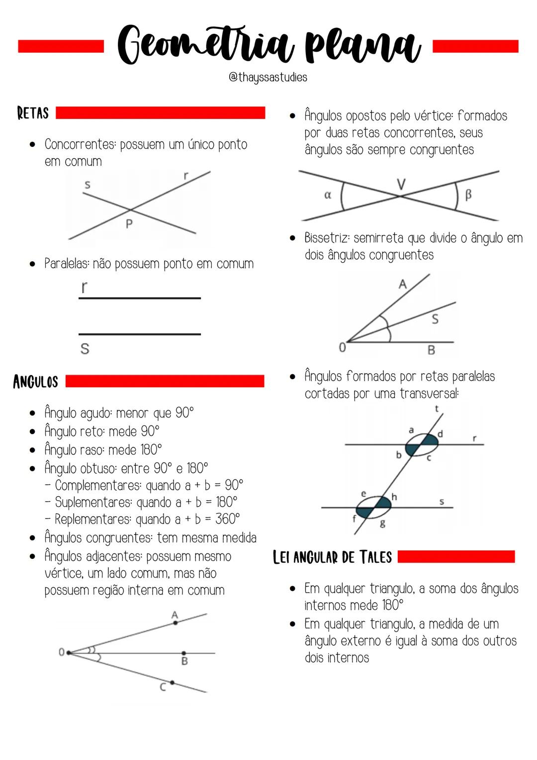 --- OCR Start ---
RETAS
Geometria plana
@thayssastudies
• Concorrentes: possuem um único ponto
em comum
• Ângulos opostos pelo vértice: form