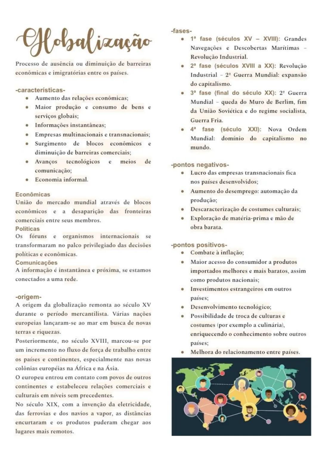 # Hobalização
Processo de ausência ou diminuição de barreiras
econômicas e imigratórias entre os países.
-caracteristicas-
* Aumento da