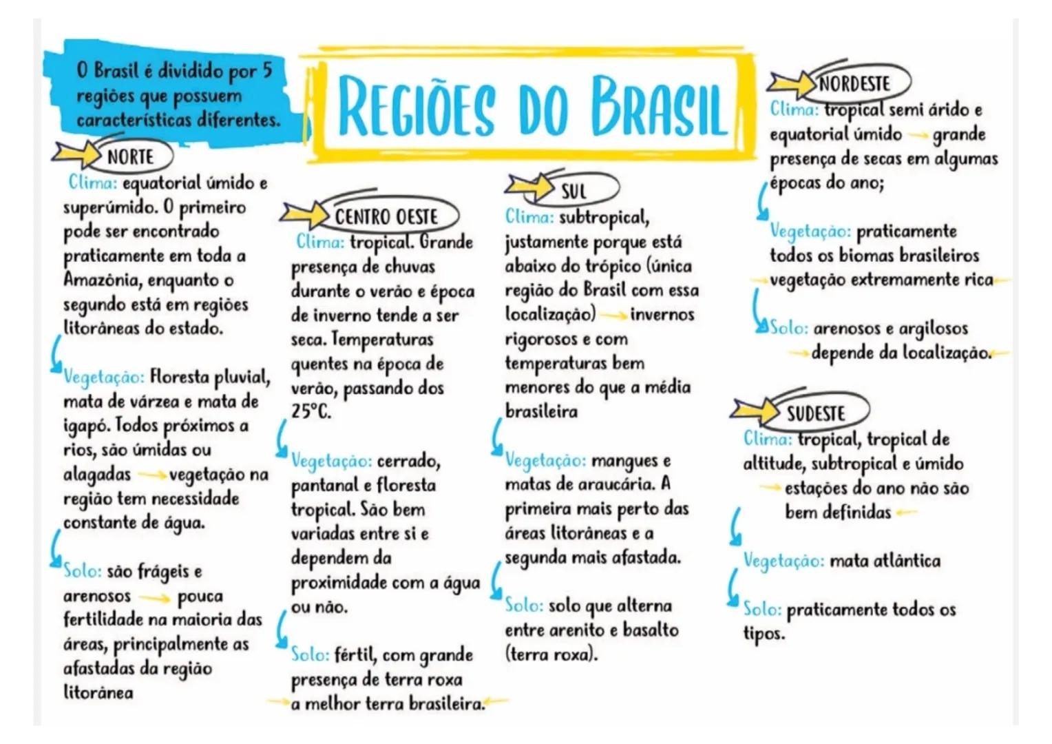 O Brasil é dividido por 5
regiões que possuem
características diferentes.
NORTE
Clima: equatorial úmido e
superúmido. O primeiro
pode ser e