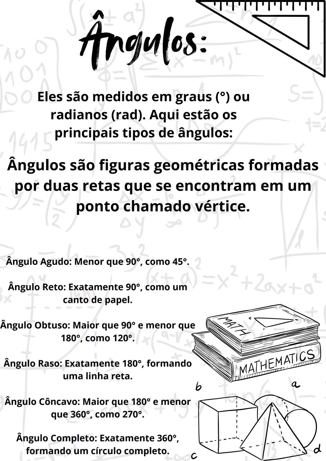 # Ângulos:
Eles são medidos em graus ($\circ$) ou
radianos (rad). Aqui estão os
principais tipos de ângulos:
Ângulos são figuras geométric
