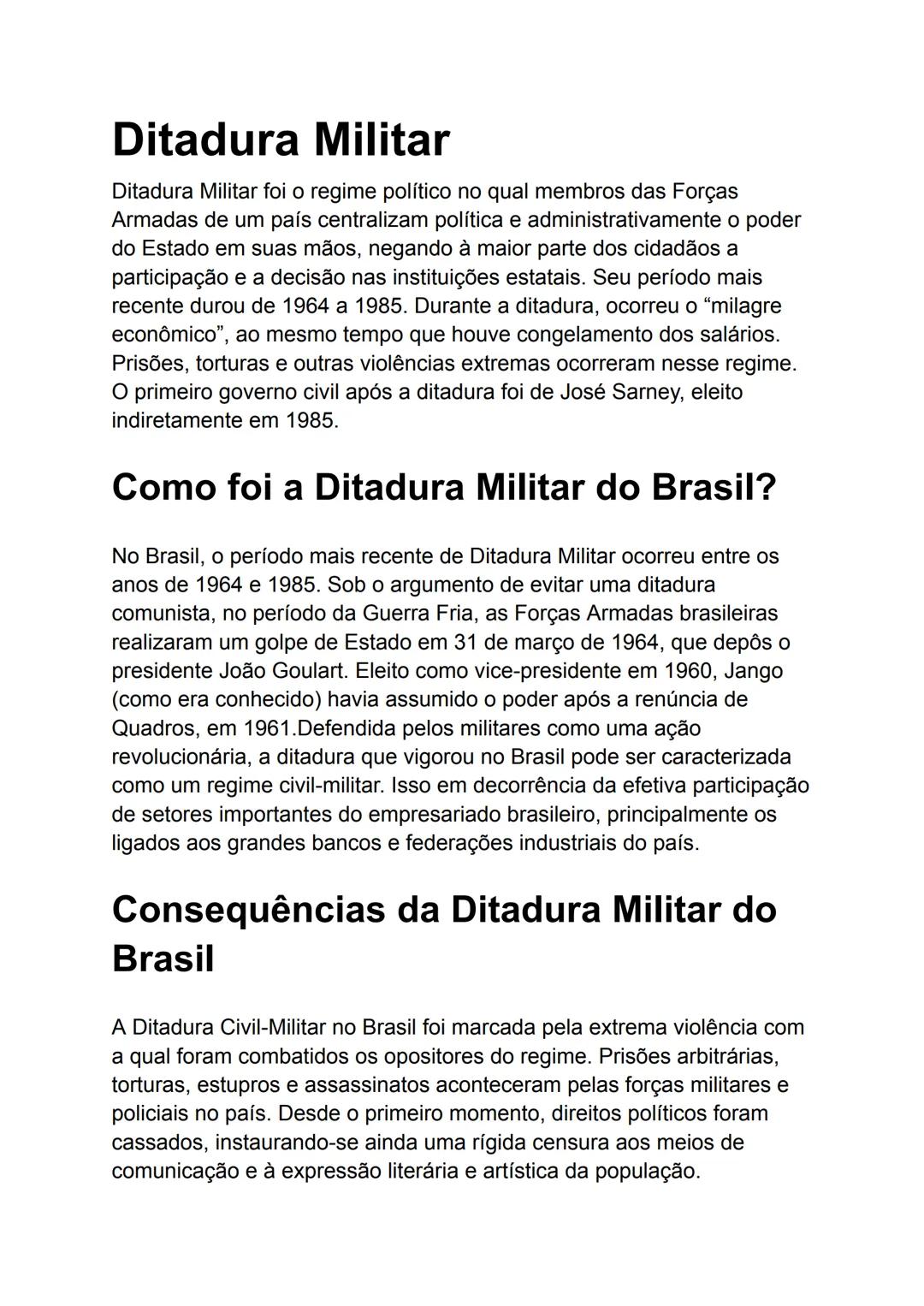 # Ditadura Militar
Ditadura Militar foi o regime político no qual membros das Forças
Armadas de um país centralizam política e administrati