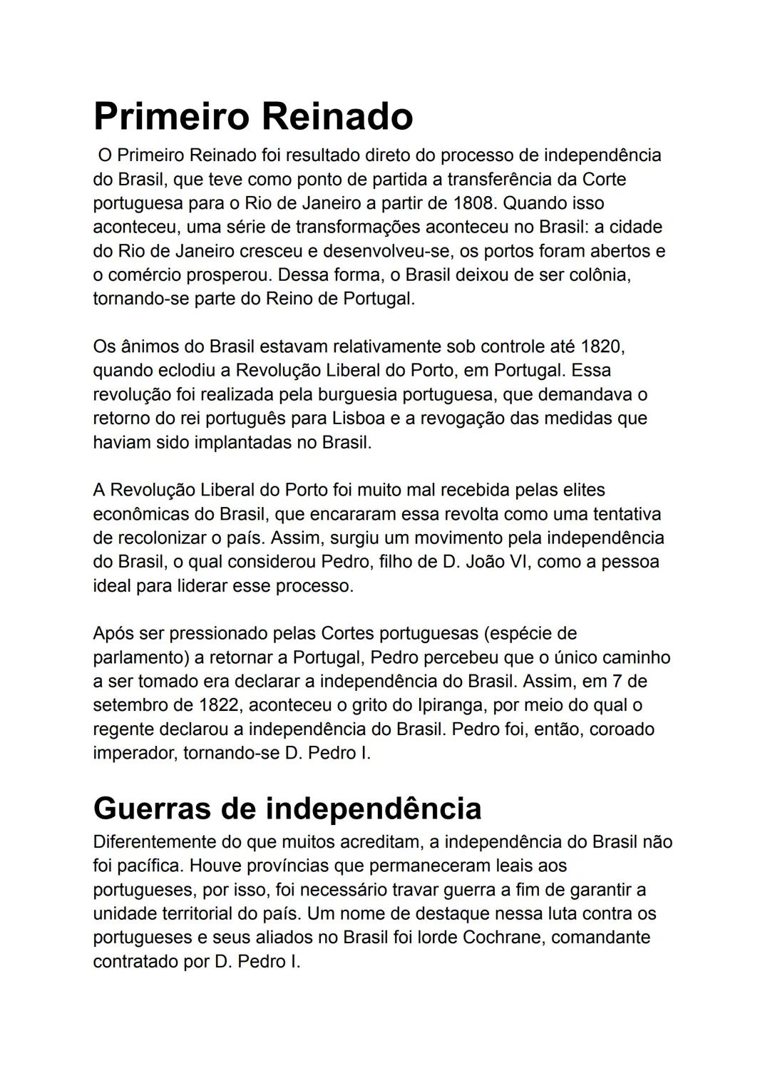 # Primeiro Reinado
O Primeiro Reinado foi resultado direto do processo de independência
do Brasil, que teve como ponto de partida a transfe