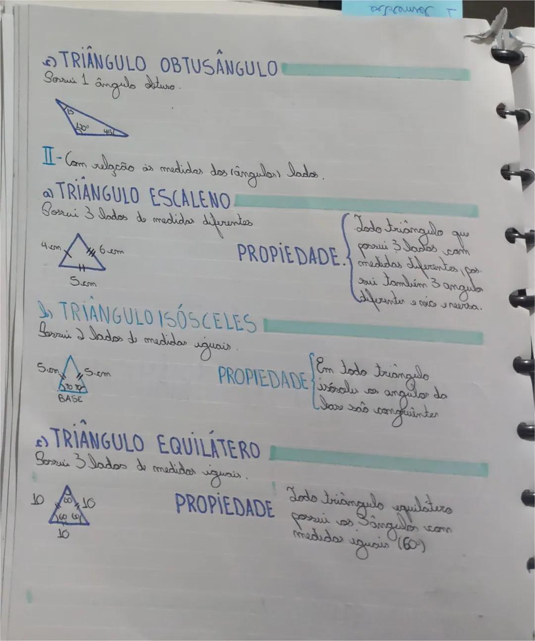 med (A) = med (6) = d
med (B) = med (E) = B
medic) = med ( (f)=y
AB: DE 7cm
BC: EF6cm
AC: DF 5cm
CLASSIFICAÇÃO DOS TRIANGULOS
I- Com relação
