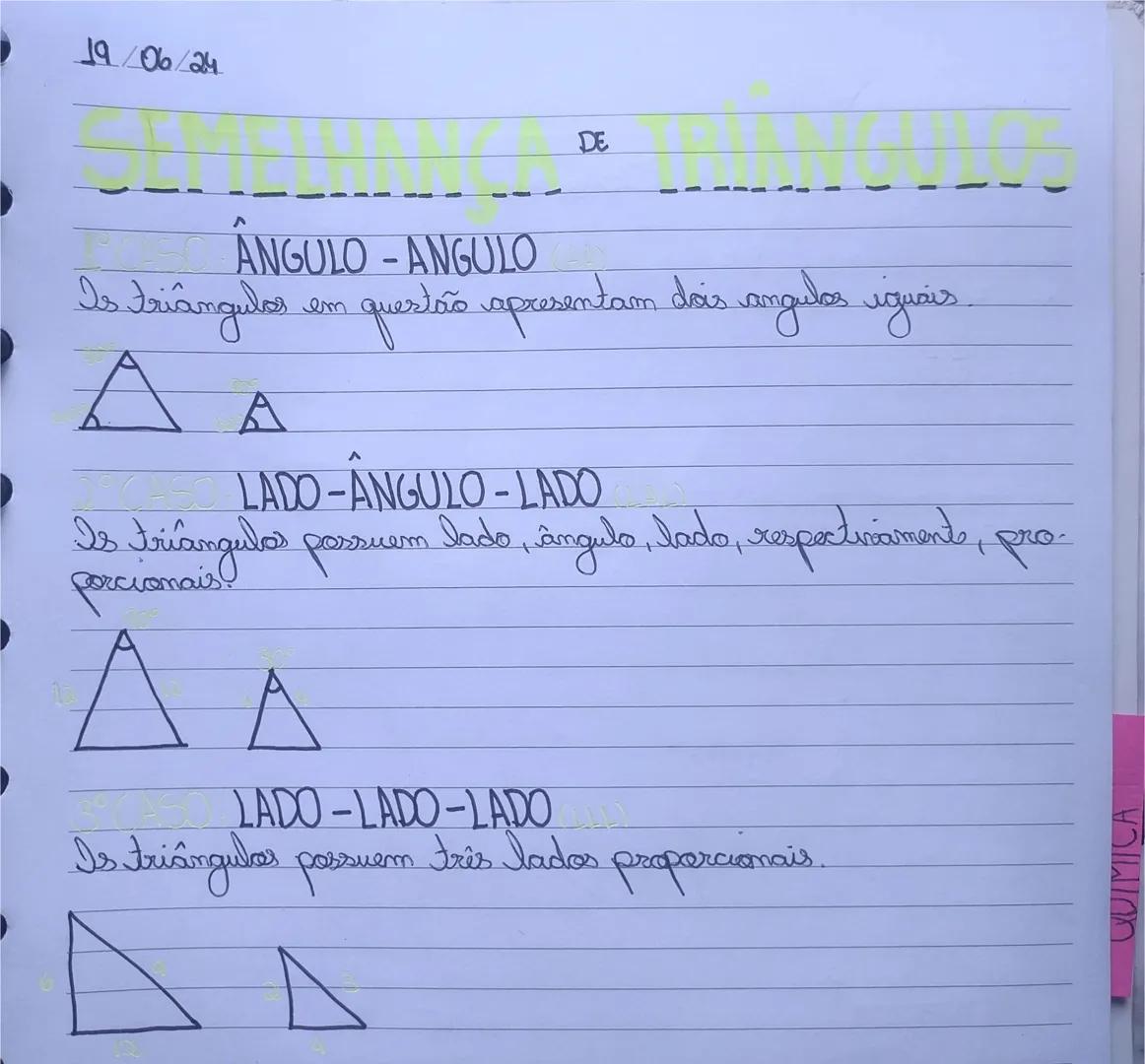 19/06/24
DE
ÂNGULO - ANGULO
-
Is triângulos em questão apresentam dois angulos iguais
A
LADO-ÂNGULO-LADO
Is triangula possuem lado, ângu