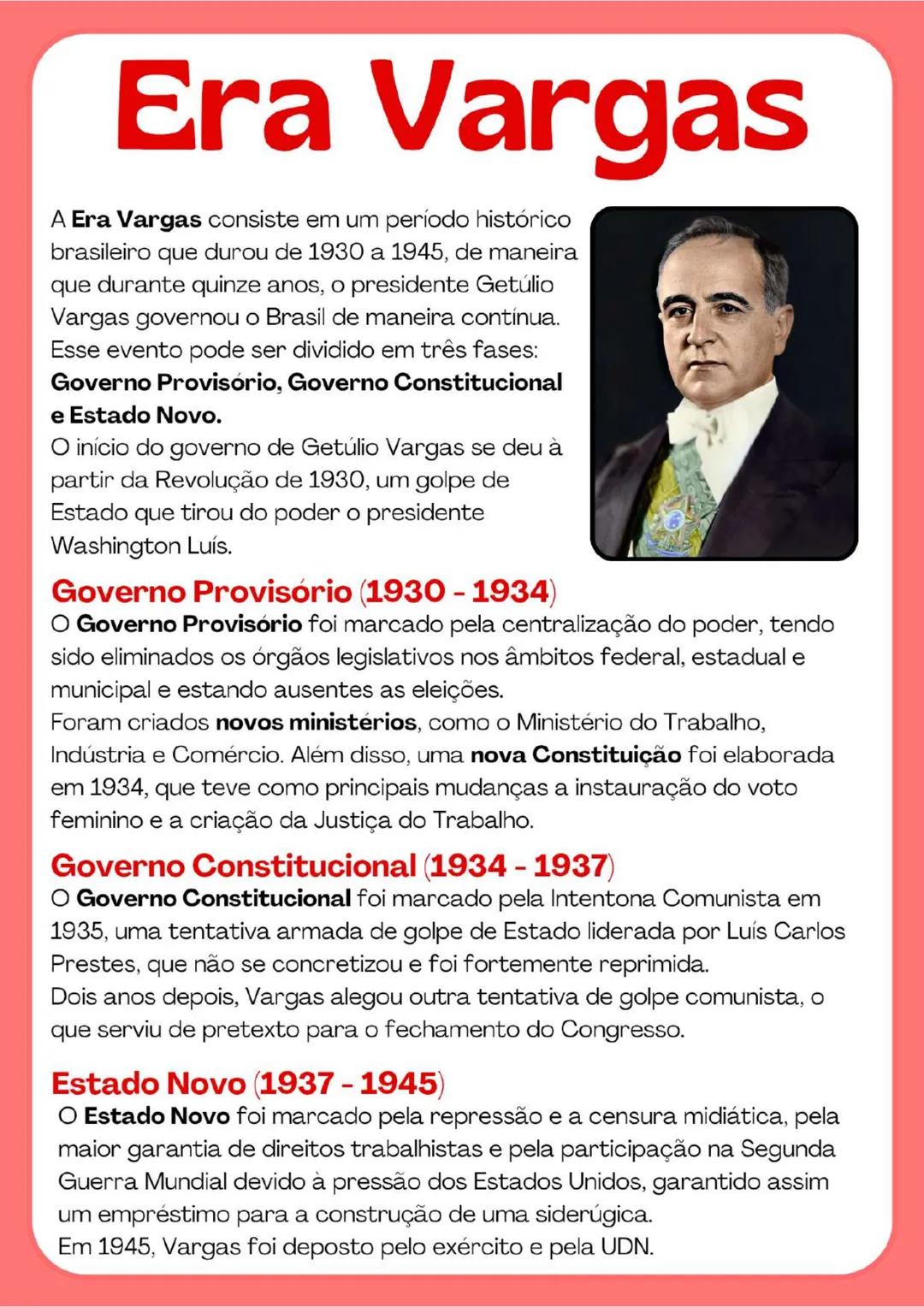 # Era Vargas
A Era Vargas consiste em um período histórico
brasileiro que durou de 1930 a 1945, de maneira
que durante quinze anos, o presi