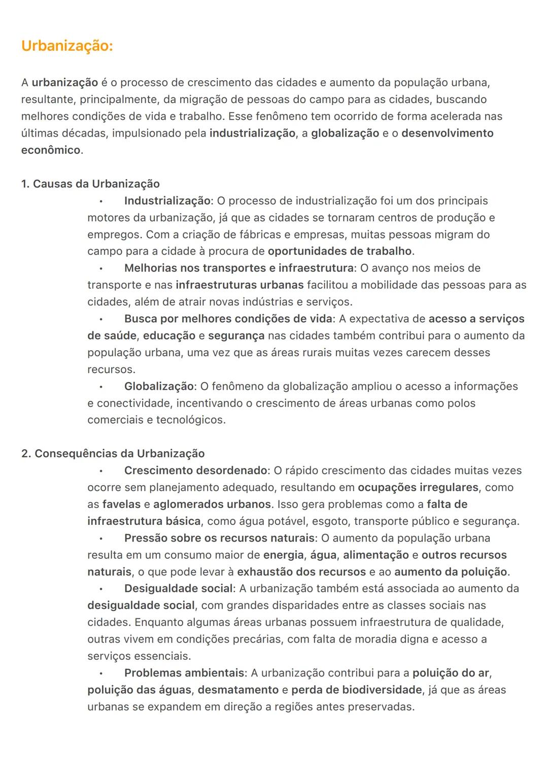 # Urbanização:
A urbanização é o processo de crescimento das cidades e aumento da população urbana,
resultante, principalmente, da migração