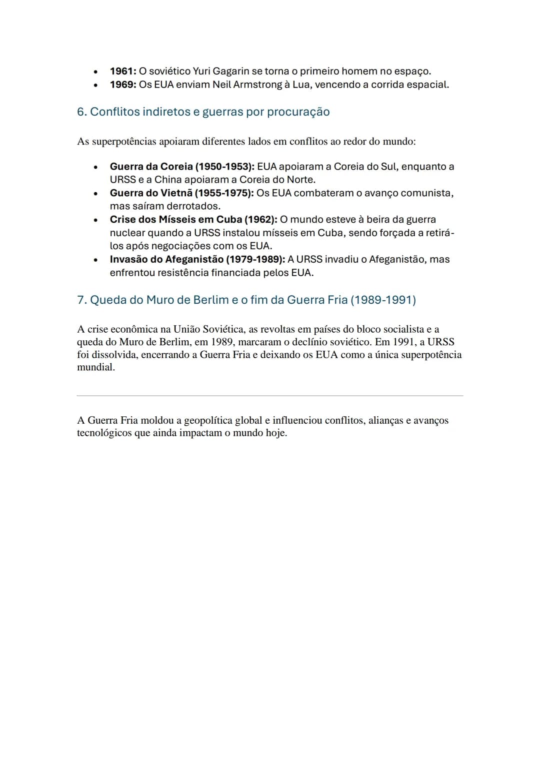 A Guerra Fria (1947-1991) foi um conflito geopolítico, ideológico e econômico entre
os Estados Unidos (EUA) e a União Soviética (URSS), as d