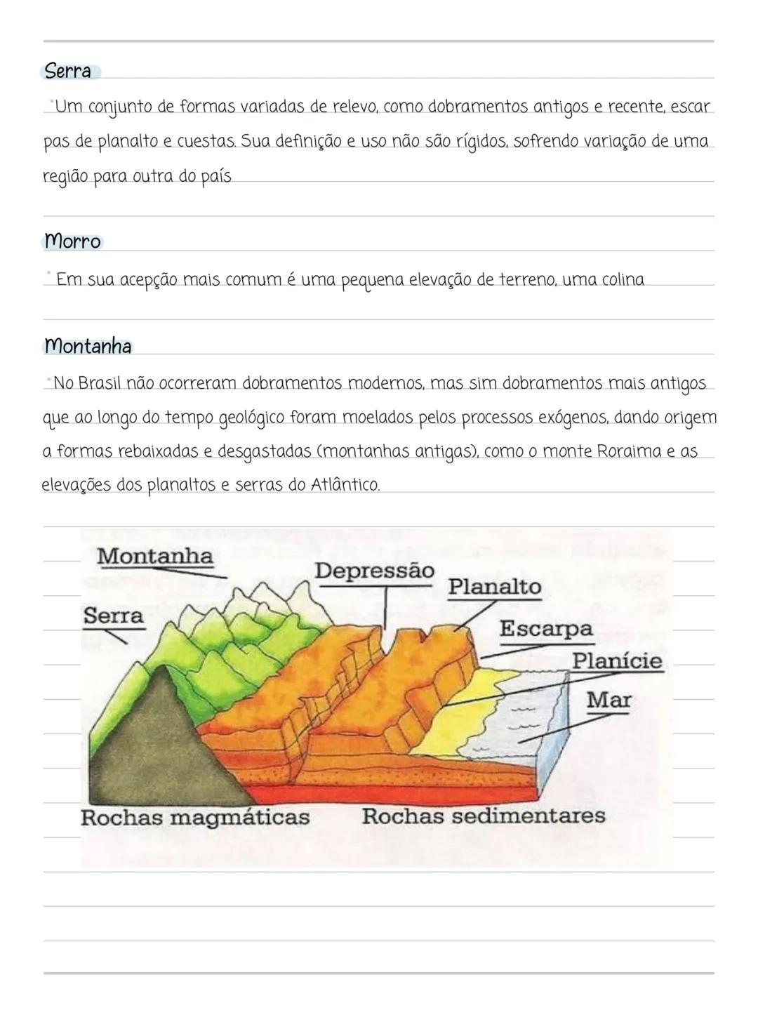 # Formas do Relevo
Planalto
- Área em que os processos de erosão superam os de sedimentação.
Planície
- Área mais ou menos plana em que os