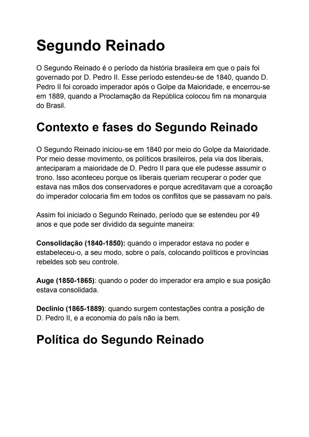 # Segundo Reinado
O Segundo Reinado é o período da história brasileira em que o país foi
governado por D. Pedro II. Esse período estendeu-s