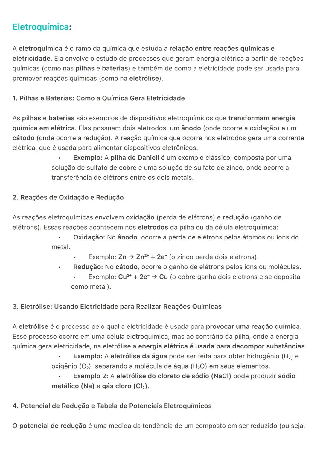 # Eletroquímica:
A eletroquímica é o ramo da química que estuda a relação entre reações químicas e
eletricidade. Ela envolve o estudo de pr