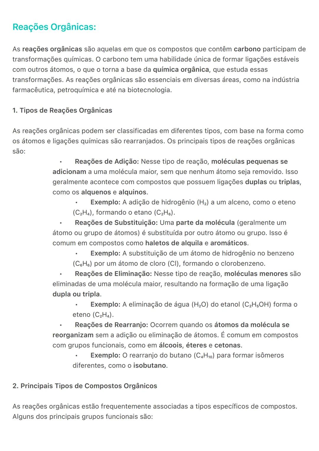 # Reações Orgânicas:
As reações orgânicas são aquelas em que os compostos que contêm carbono participam de
transformações químicas. O carbo