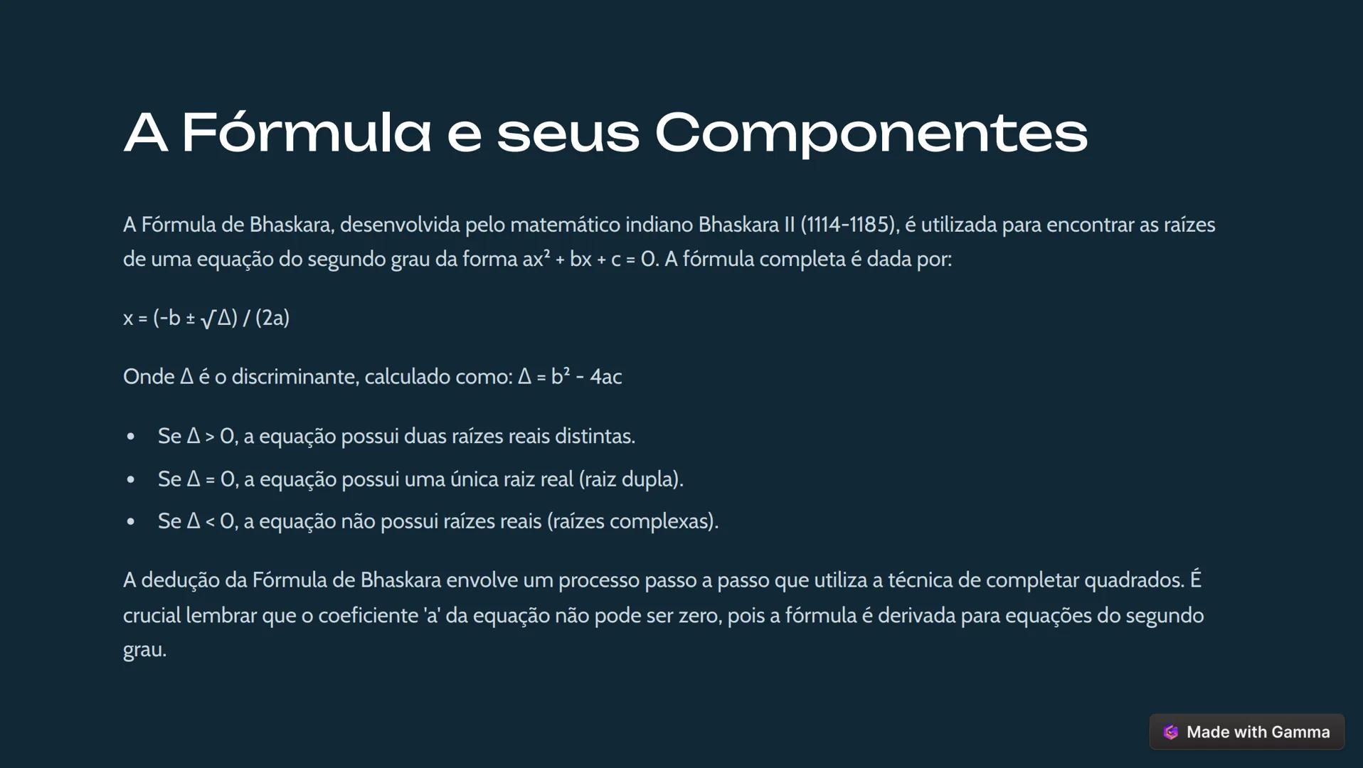 # Introdução à Fórmula de Bhaskara
Este documento visa apresentar a Fórmula de Bhaskara, uma ferramenta fundamental na resolução de equaçõe