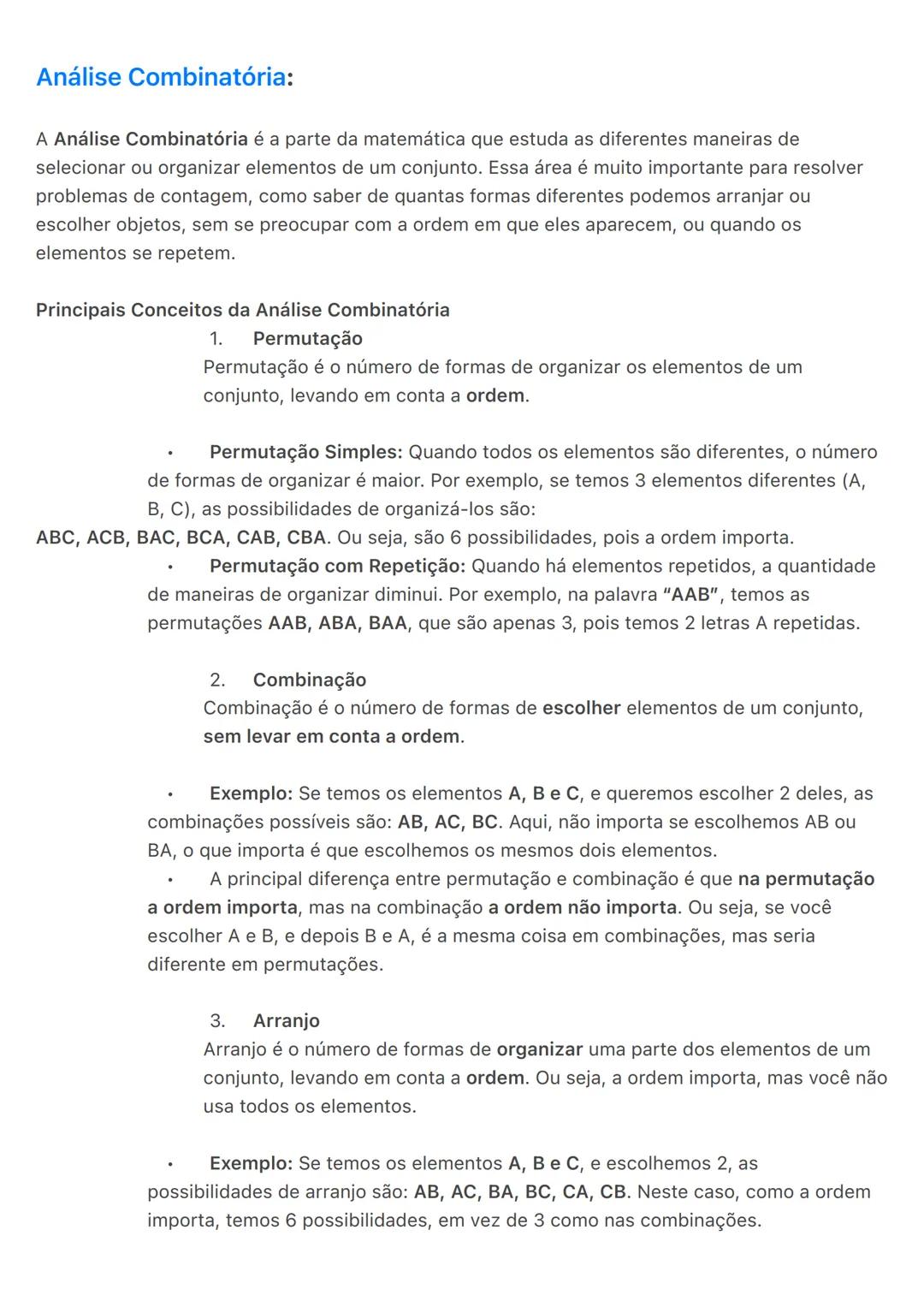 # Análise Combinatória:
A Análise Combinatória é a parte da matemática que estuda as diferentes maneiras de
selecionar ou organizar element