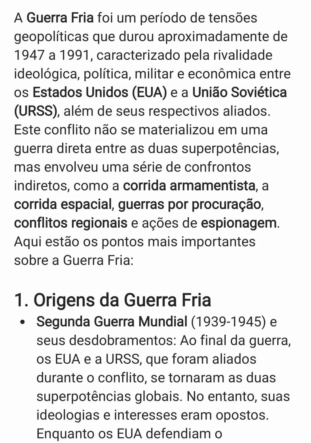 A Guerra Fria foi um período de tensões
geopolíticas que durou aproximadamente de
1947 a 1991, caracterizado pela rivalidade
ideológica, pol