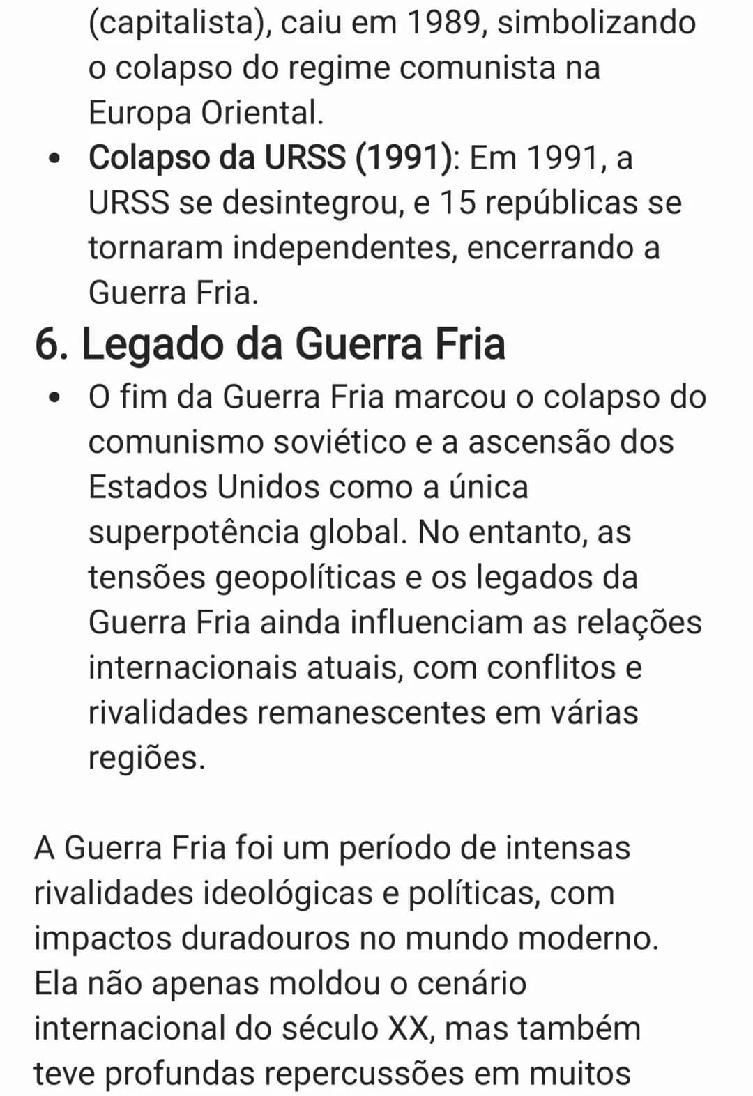 A Guerra Fria foi um período de tensões
geopolíticas que durou aproximadamente de
1947 a 1991, caracterizado pela rivalidade
ideológica, pol