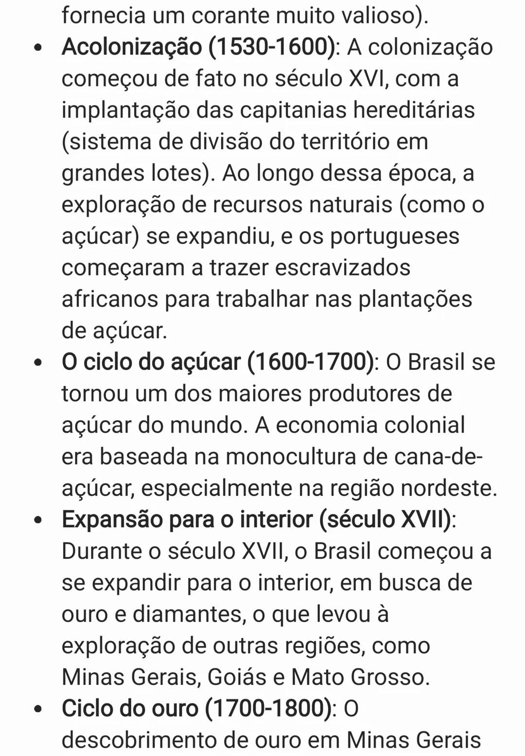 A história do Brasil é vasta e rica, marcada
por vários períodos e transformações que
moldaram a sociedade brasileira. A seguir,
apresento u