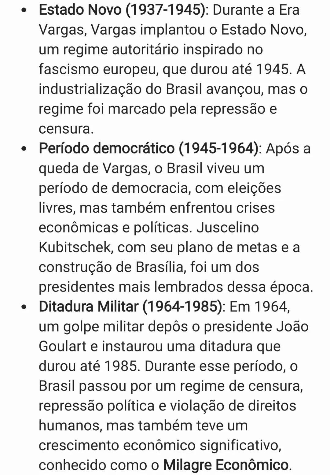 A história do Brasil é vasta e rica, marcada
por vários períodos e transformações que
moldaram a sociedade brasileira. A seguir,
apresento u