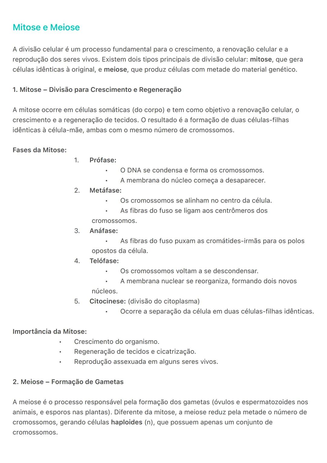 # Mitose e Meiose
A divisão celular é um processo fundamental para o crescimento, a renovação celular e a
reprodução dos seres vivos. Exist