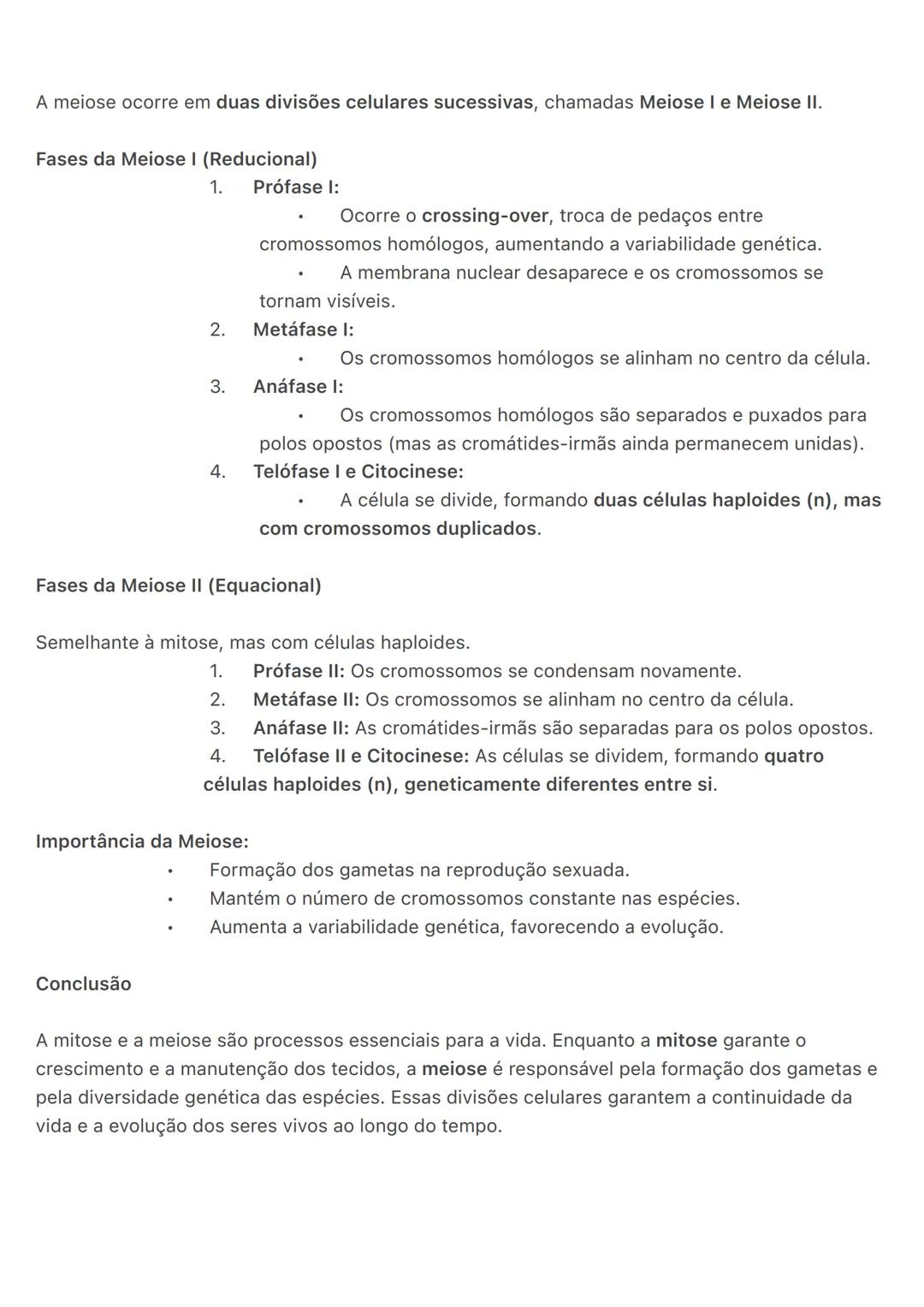 # Mitose e Meiose
A divisão celular é um processo fundamental para o crescimento, a renovação celular e a
reprodução dos seres vivos. Exist