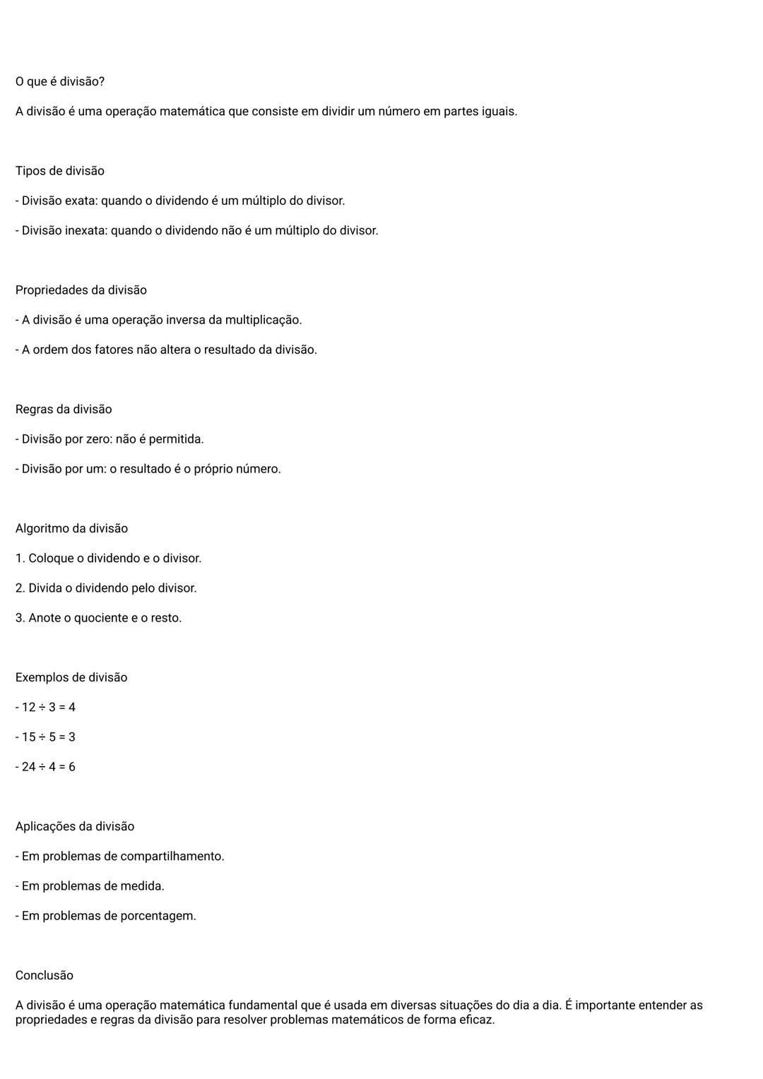 # O que é divisão?
A divisão é uma operação matemática que consiste em dividir um número em partes iguais.
# Tipos de divisão
- Divisão exa