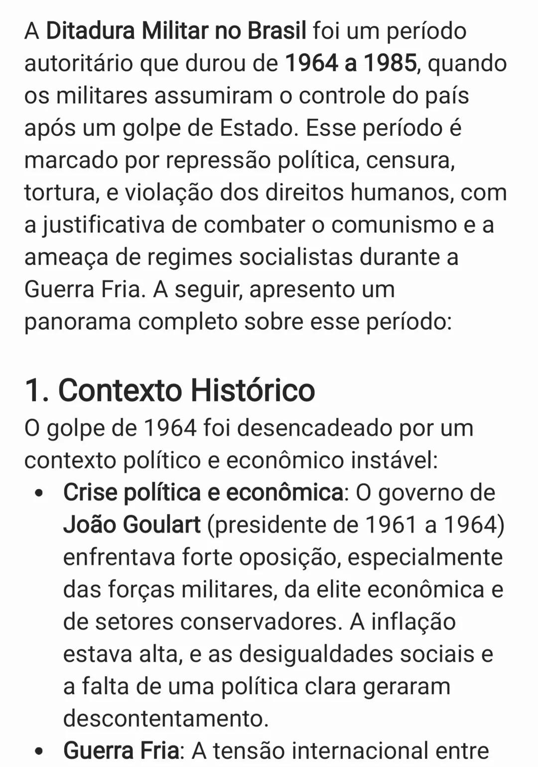 A Ditadura Militar no Brasil foi um período
autoritário que durou de 1964 a 1985, quando
os militares assumiram o controle do país
após um g