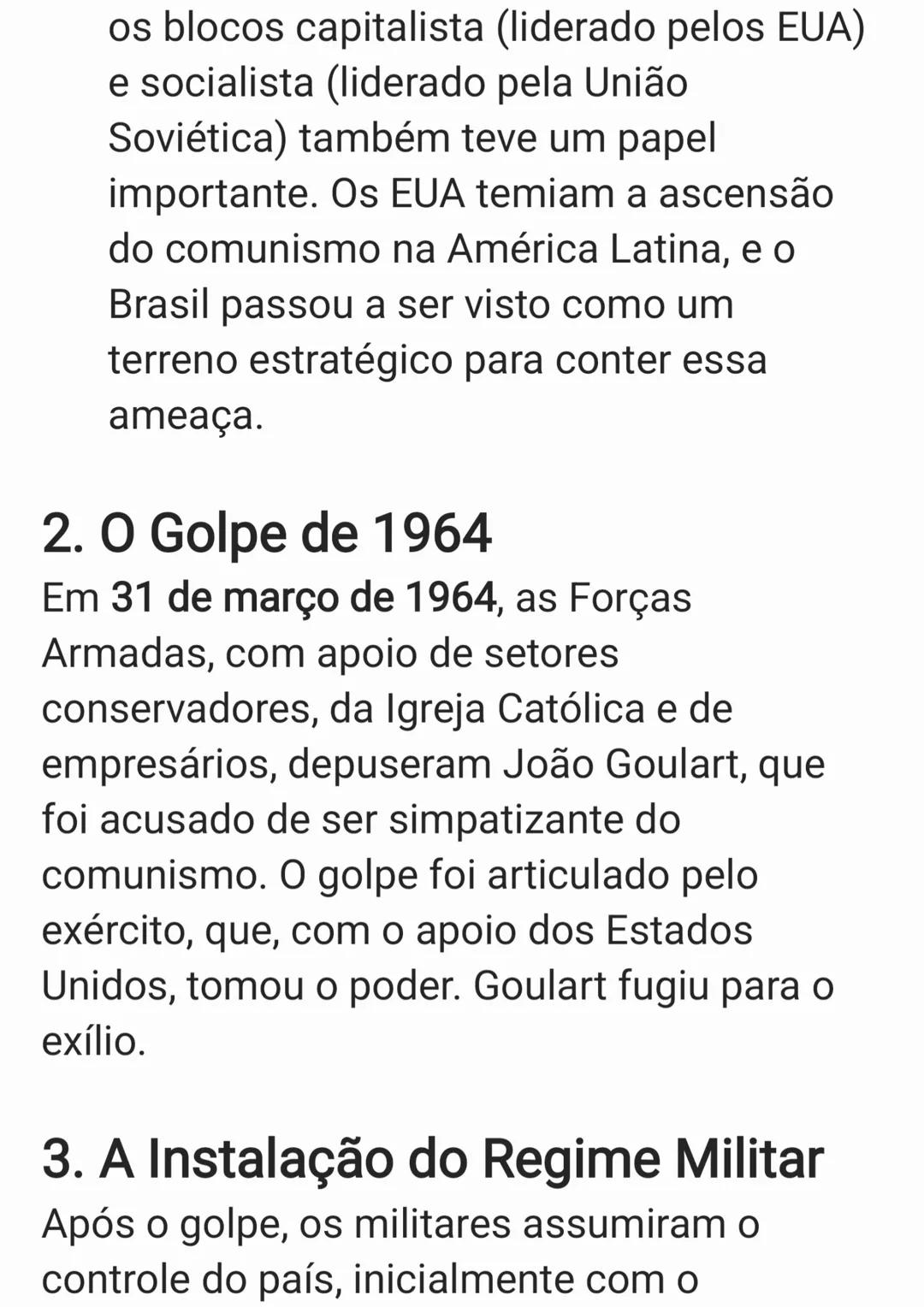 A Ditadura Militar no Brasil foi um período
autoritário que durou de 1964 a 1985, quando
os militares assumiram o controle do país
após um g