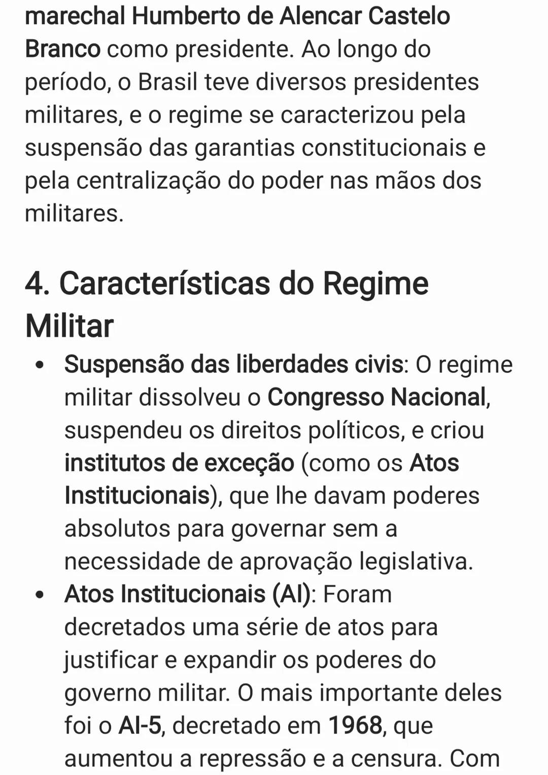 A Ditadura Militar no Brasil foi um período
autoritário que durou de 1964 a 1985, quando
os militares assumiram o controle do país
após um g