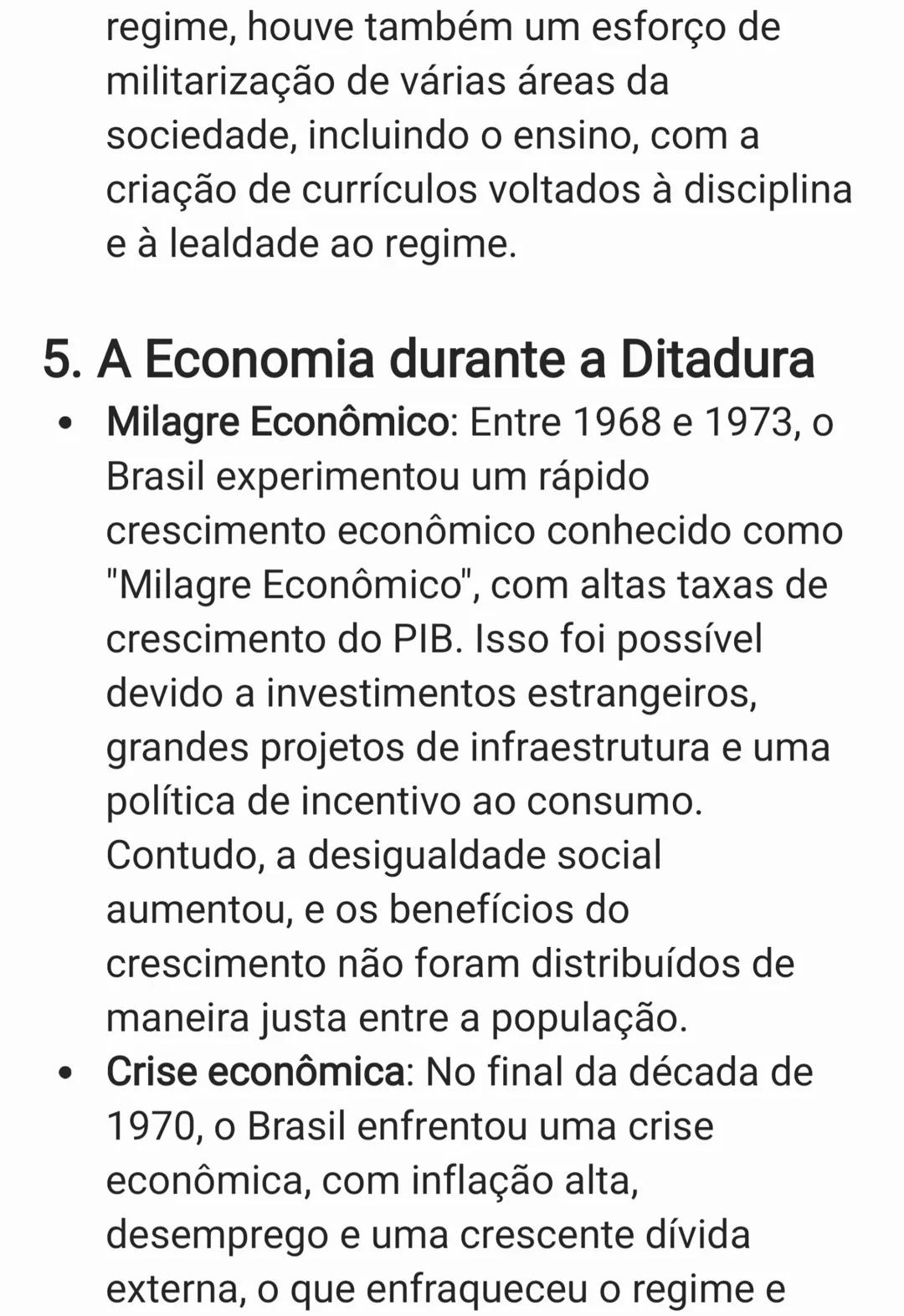 A Ditadura Militar no Brasil foi um período
autoritário que durou de 1964 a 1985, quando
os militares assumiram o controle do país
após um g