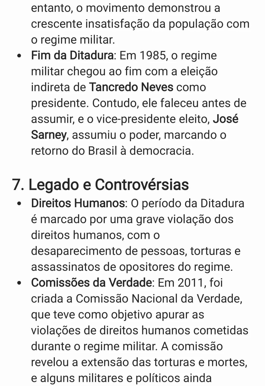 A Ditadura Militar no Brasil foi um período
autoritário que durou de 1964 a 1985, quando
os militares assumiram o controle do país
após um g
