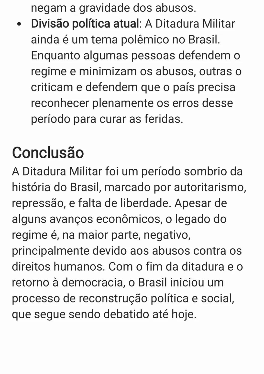 A Ditadura Militar no Brasil foi um período
autoritário que durou de 1964 a 1985, quando
os militares assumiram o controle do país
após um g