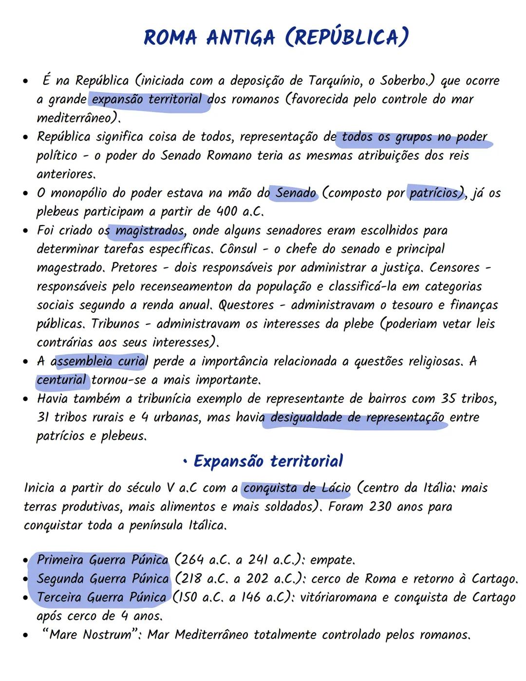 # ROMA ANTIGA (REPÚBLICA)
• É na República (iniciada com a deposição de Tarquínio, o Soberbo.) que ocorre
a grande expansão territorial dos
