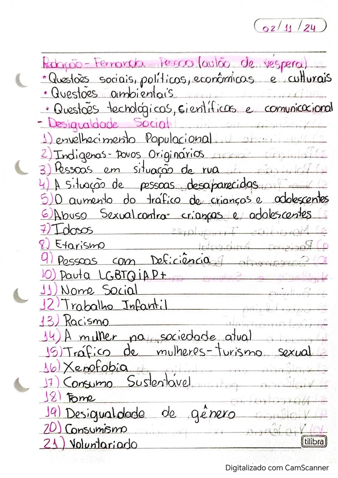 02/11/24
Redação - Ferranda Fesco laulão de vespera)
(Questões sociais, políticas, econômicas. e culturais
Questões ambientais.
• Questões